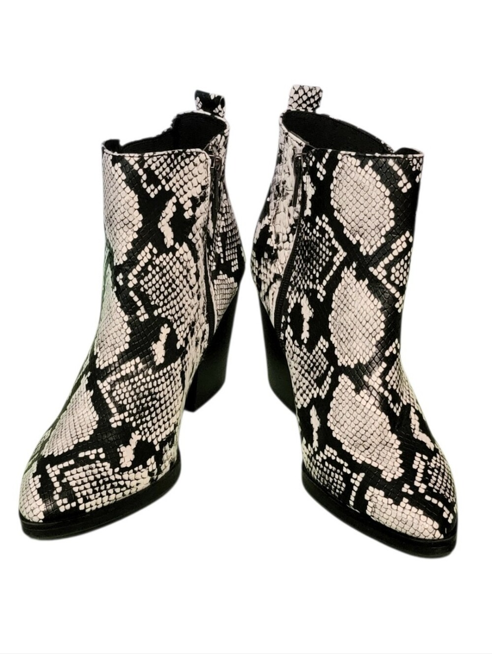 Time and Tru  Black and White Snake-Print Ankle Boots